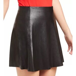 SPANX Faux Leather Black Flouncy Skater Mini Skirt Size L Pull-On Elastic Waist